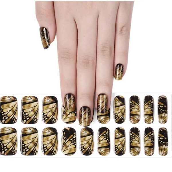 Semi-Cured Gel Nail Wraps, UV/LED Nail Wraps, Nail Strips, Gel Nails, Nail Stickers, Nail Decals - Gold Black Butterfly Wing