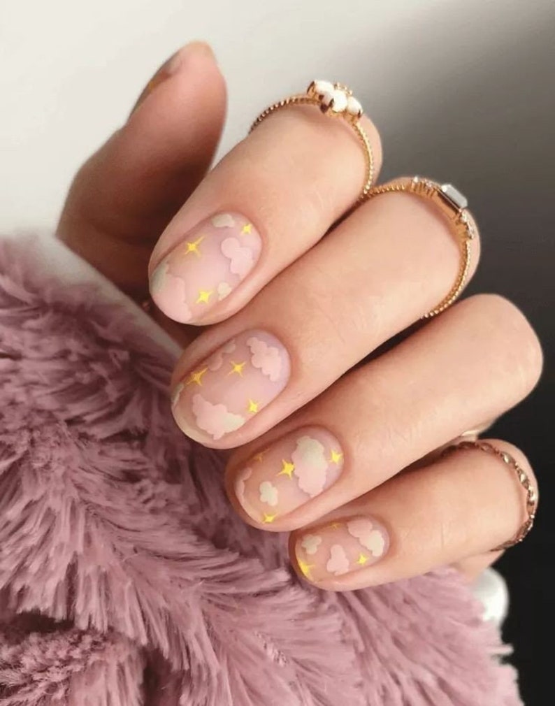 Nail Wraps Nail Decals Nail Stickers Nail Strips Nail Art Baby Shower Favor Pink Clouds Gold Stars Clear Background Overlay Negative Space image 1