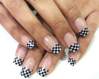 Nail Wraps Nail Decals Nail Stickers Nail Strips Nail Art Press Ons Bachelorette Party Favor - Checkered French Manicure Clear Background