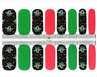 Nail Wraps, Nail Decals, Nail Strips, Nail Stickers- Ghosts and Roses Pink and Green Halloween