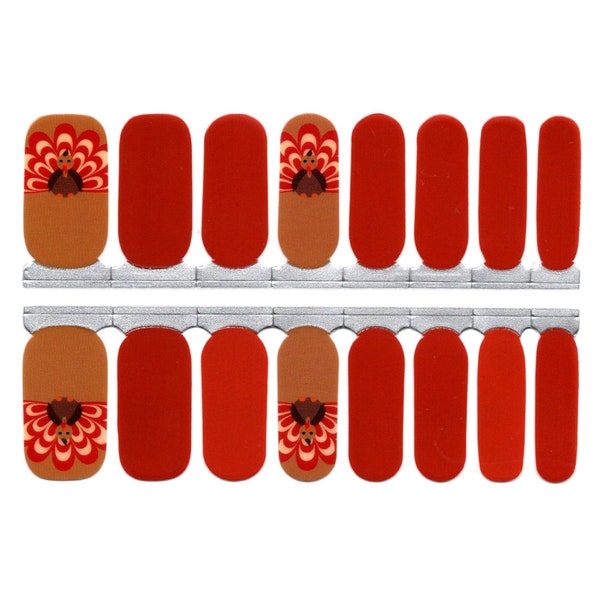 Fall Nail Wraps Nail Decal Nail Art Stickers Nail Strips Press Ons Thanksgiving Favor Gift for Her - Red Deep Orange Brown Turkey Hand Drawn
