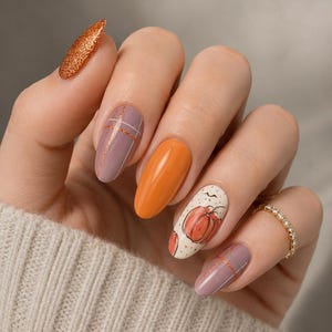 May include: Manicured nails featuring a mix of designs: one solid copper glitter nail, two mauve nails with thin white and copper plaid lines, one solid orange nail, and one cream nail with a hand-painted orange pumpkin illustration.