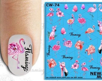 Nail Decals, Nail Stickers, Nail Transfers, Nail Art, Stocking Stuffer, Gift for Mom, Vacation Gift - Pink Flamingo and Pink Parrot