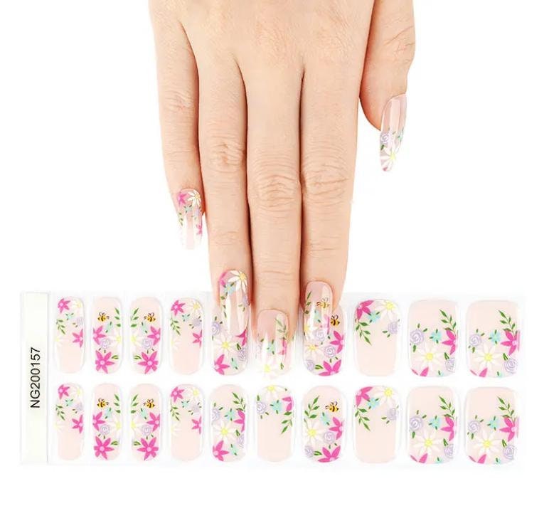 Semi-Cured Gel Nail Wraps, UV/LED Nail Wraps, Nail Strips, Gel Nails, Nail Stickers, Nail Decals - Summer Flowers with Bees