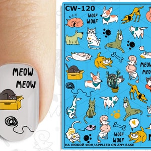 Water Transfer Decals, Nail Tattoo, Nail Stickers, Nail Decals, Waterslide Decals, Nail Art - Cartoon Cats and Dogs Hand Drawn