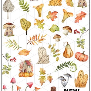 Waterslide Decals Water Transfer Fall Nail Art Sliders Nail Tattoo - Mushroom House, Tree Stomp, Pumpkins, Trees, Mushrooms