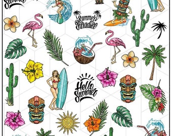 Hello Summer Paradise Caribbean Vacation - Waterslide Water Transfer Nail Art Decals, Nail Tattoo