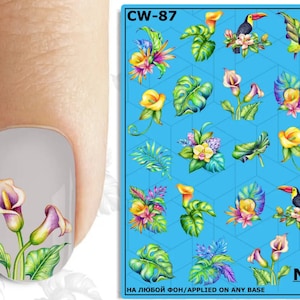 Nail Decals, Nail Stickers, Nail Transfers, Nail Art, Stocking Stuffer, Vacation Gift - Luau Leaves Flowers Toucan Tropical Party