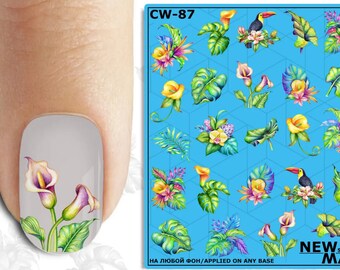 Calcomanías para uñas, pegatinas para uñas, transferencias para uñas, decoración de uñas, regalo de vacaciones: hojas de luau, flores, tucán, fiesta tropical