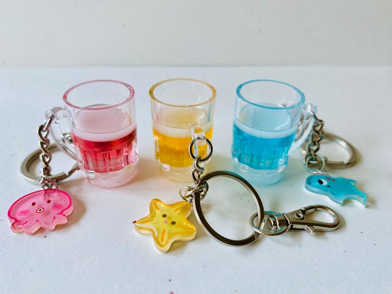 Cute Beer Cup Keychain Ocean Drink Cartoon Shark Jellyfish Starfish ...