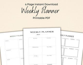 May include: A printable weekly planner with six pages. The planner has a simple design with black text on a white background. The planner includes sections for Monday through Sunday, as well as a section for top priorities.
