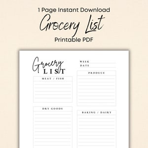 Grocery List Printable Template, Grocery Planner, Food Shopping List, Instant Download PDF