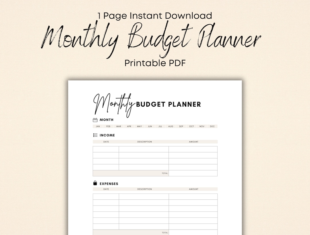 Monthly Budget Planner Printable & Fillable PDF, Budget Tracker