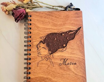 Personalized wood journal, notebook, sketchbook - celestial woman, galaxy, stars - unlined pages