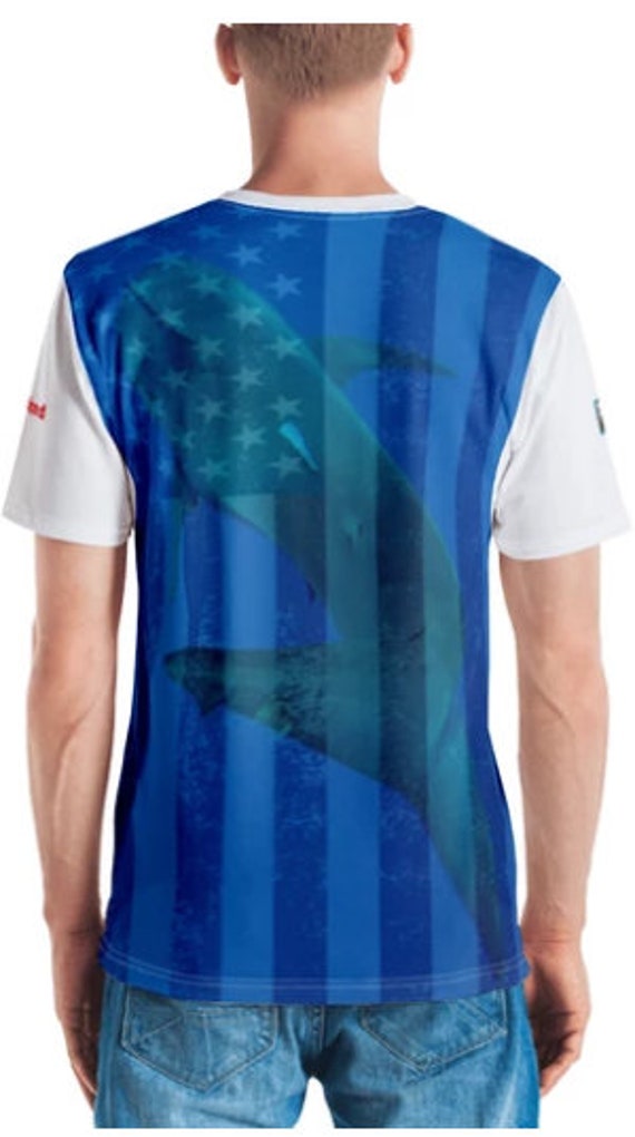 Premium T-shirt 2-sided Short Sleeve Unisex Surrounded by Sharks Patriotic  Flag Shark Shirt Collection 