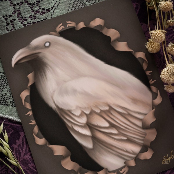 Virtue's Prophecy Art Print - White Raven Art - Raven Decor - Corvids - Omen - Symbolism - Good Luck - Renaissance Aesthetic