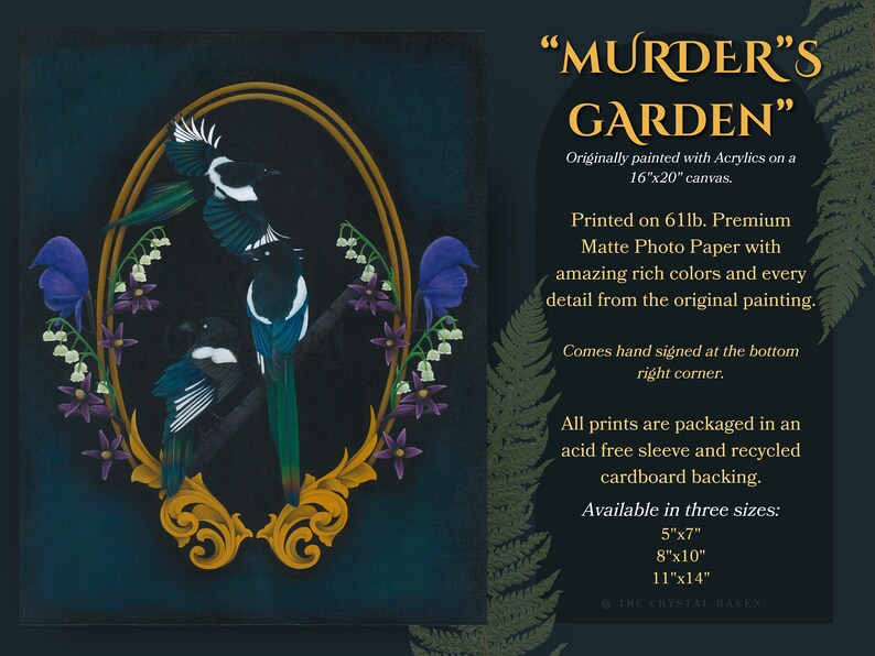 Puede incluir: Una impresi&oacute;n enmarcada de una pintura titulada "Murder's Garden" que presenta tres urracas posadas en ramas con flores y follaje. La impresi&oacute;n est&aacute; disponible en tres tama&ntilde;os: 13x18 cm, 20x25 cm y 28x35 cm.