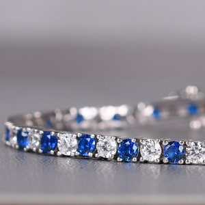 Sapphire With Diamond bracelet Round Chain Bracelet Blue Sapphire Bracelet Wedding Bridal Diamond Jewelry Tennis bracelet Unique JewelryGift