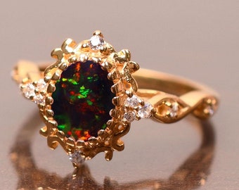 Anello Art Déco con opale nero – Oro giallo 14 carati, stile vintage