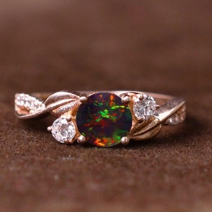 Vintage Black Opal Ring – 14K Solid Rose Gold Designer Leaf Opal Engagement Ring for Women, Anniversary & Love Gift for Her