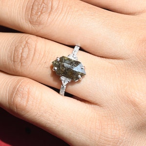 Unique Salt and Pepper Bridal Ring – Raw Hexagon & Triangle Diamond Engagement Ring, Rare Geometric Wedding Ring
