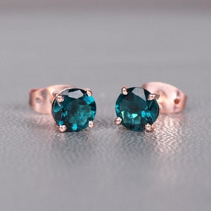Green Teal Sapphire Earring Unique Wedding Earrings 14k Rose gold Sapphire earrings Sapphire Jewelry Her anniversary gifts Bridal stud Gifts