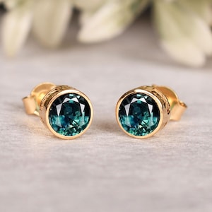 Green Teal Sapphire Earrings - Teal Sapphire Stud Earring Unique Bezel Set Round Teal Sapphire Bridal Jewellery Wedding Bridal Earring Gifts