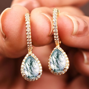 Natural Moss Agate Leverback earrings, Pear Shaped Moss earrings, Bridal Wedding gift, Mocha stone Earring, Bridal Jewelry, anniversary gift