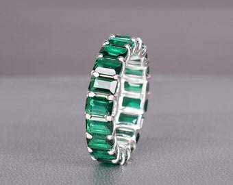 Emerald Eternity Wedding Band, 14K Gold Overlay, Sterling Silver