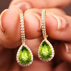 Pear Shaped Peridot Leverback Earring, Unique Peridot Earring, Anniversary Gift Bridal Jewelry, Peridot Dangle earrings Gift For Her