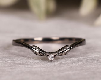 Ultra Thin Floating Minimalist Moissanite Wedding Band, Curved Leaf ring Black  Dainty Rings