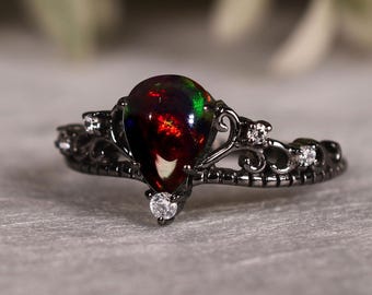 Anello con opale nero taglio a pera – Anello di fidanzamento in oro 14 carati, pietra portafortuna