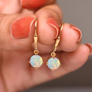 Opal Leverback Earrings - Round Shape Opal Earring Bridal jewelry White Opal Earings Wedding Opal Dangle Earring Birthstone Anniversry Gifts