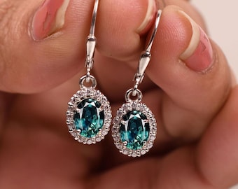 14K Gold Teal Sapphire Earring, Teal Sapphire Leverback Earring, Unique Oval Cut Teal Sapphire Earrings Sapphire Jewelry Bridal Earring Gift