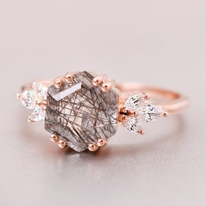 Black tourmalinated quartz ring  Black rutile quartz ring anniversary wedding bridal bridesmaid blackdiamond ring gift for her proposal gift