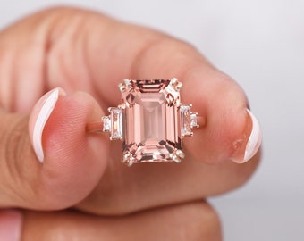 Emerald Cut Morganite Engagement Ring: Vintage Solid 14K Rose Gold Wedding Ring, Birthstone Jewelry, Anniversary Gift For Her