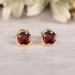 Amazing Red Garnet Stud Earrings, 14k Yellow Gold Stud Earrings Round dainty Earring Bridal Jewelry Silver bezel stud earrings Gifts for her