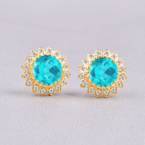 Handmade Paraiba Tourmaline Flower Stud Earrings – Vintage Art Deco Style, Birthstone Push Back Studs, Anniversary Gifts for Women