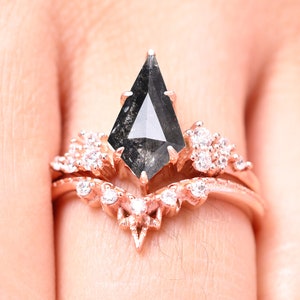 Salt and Pepper Kite Diamond Engagement Ring – Black Diamond in 14k Solid Gold, Salt and Pepper Diamond Ring Set Birthday & Anniversary Gift