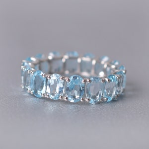 Aquamarine Full Eternity Band: Oval Gemstone Sterling Silver Ring
