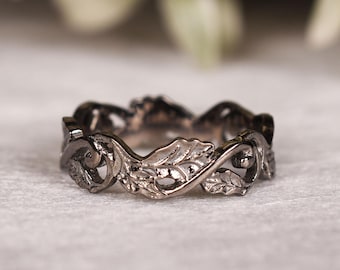 Black Leaf Wedding Band: Gothic Sterling Silver Ring