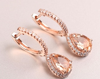 Peach Morganite Leverback Earrings: 14k Rose gold Earring Bridal Dangle earing Gifts for her