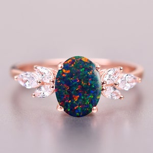 Unique Vintage Black Opal Ring – 14K Solid Rose Gold Statement Ring with Marquise Cluster, Engagement Ring for Women, Gift for Her