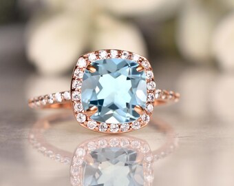Aquamarine Halo Engagement Ring – 14K Gold Cushion Cut Promise Ring