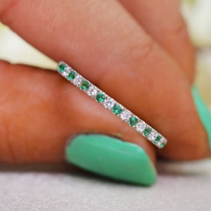 Unique Green Emerald with Moissanite Wedding Half Eternity Band, Anniversary Proposal band Ring, Statement Matching Band, Birthstone Jewelry