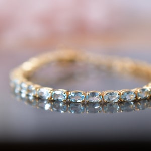 Unique Aquamarine Bracelet, Tennis Bracelet Aquamarine Line Bracelet Wedding Jewelry Oval cut Natural Aquamarine Chain Bracelet for Women