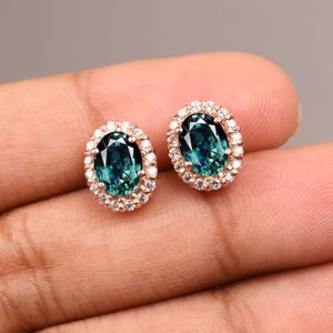 Green Teal Sapphire Earrings, Sapphire Stud Earrings, Unique earrings, Oval Shape Sapphire Earrings, Wedding Jewellery, Bridal Earring Gifts