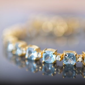 Aquamarine Bridal Tennis Bracelet, Wedding Birthstone Jewelry Rose yellow Gold Chain Bracelet Cushion Round Aquamarine Bracelet Gift for her