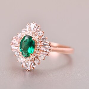 Unique Emerald ring , Emerald wedding engagement cluster ring gift for her, Halo engagement ring anniversary gift Green diamond ring gift