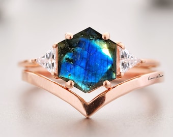 14K Rose Gold Labradorite Engagement Ring set, Hexagon cut Labradorite Bridal Wedding Statement  Ring set, Personalized Gift For Her